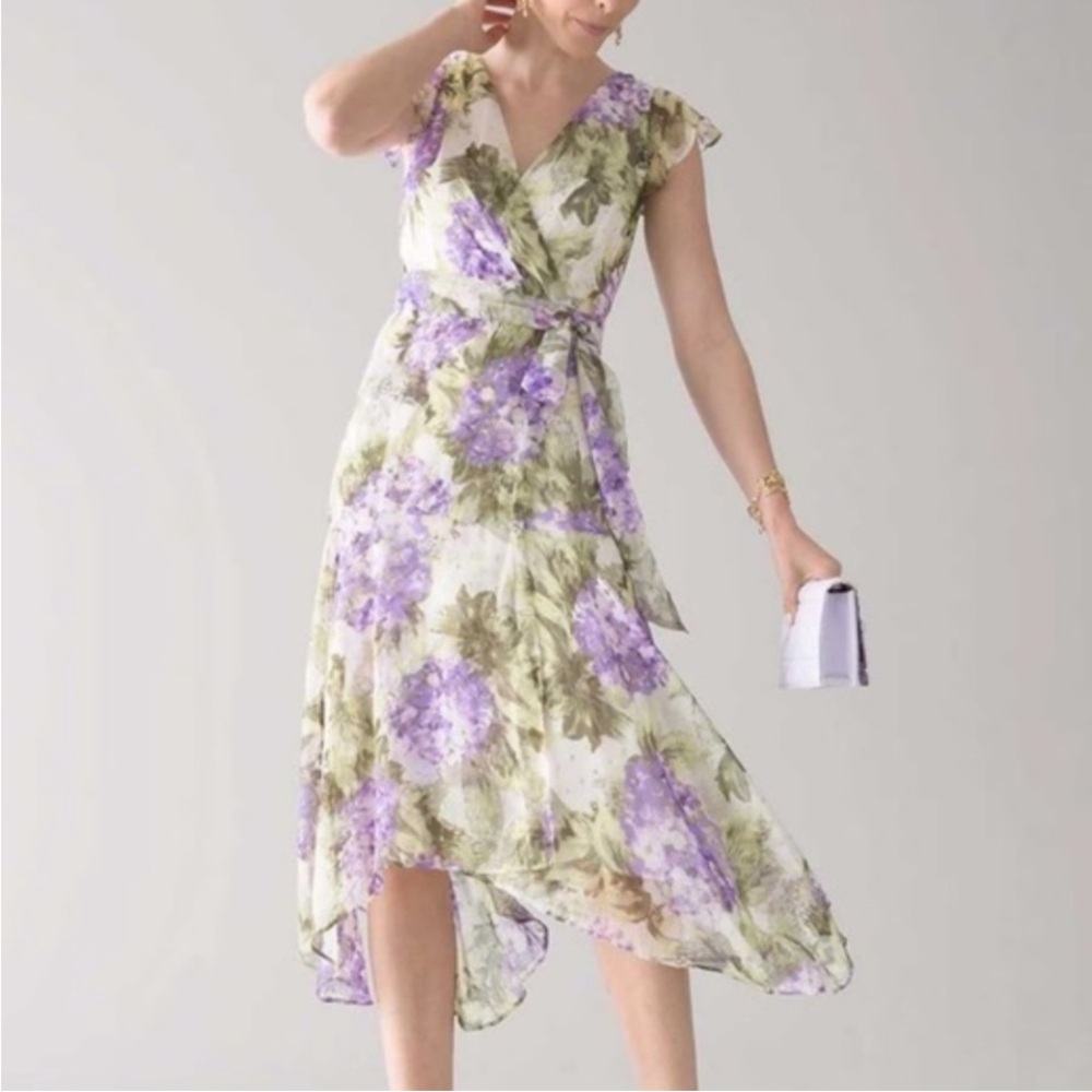 White House Black Market Purple Lavender Green Floral Midi Dress